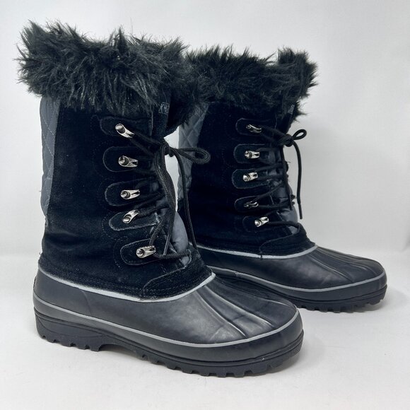 Khombu Nordic Women's Black Leather Waterproof Faux Fur Lace Boots Size 10 - Picture 2 of 6